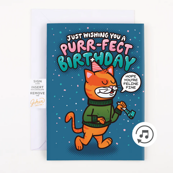 Endless Cool Cat Birthday Musical Prank Card with Hidden Glitter